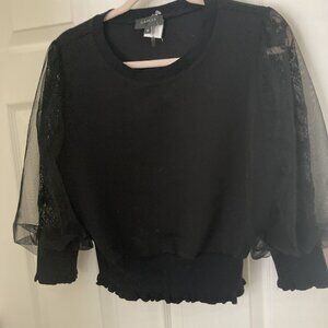 Black Sheer Tulle Lace Puff Sleeve Blouse Top M - Gracia